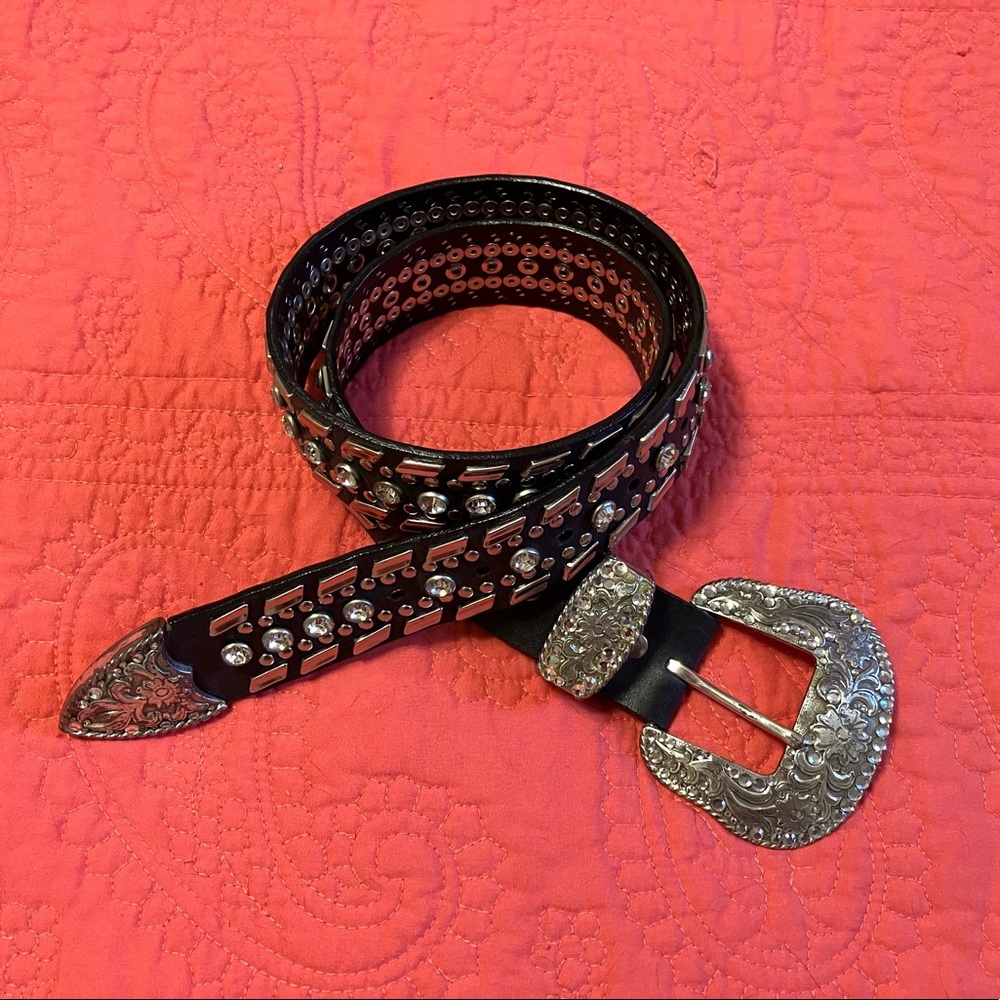 Nocona Black Leather and Rhinestone Belt